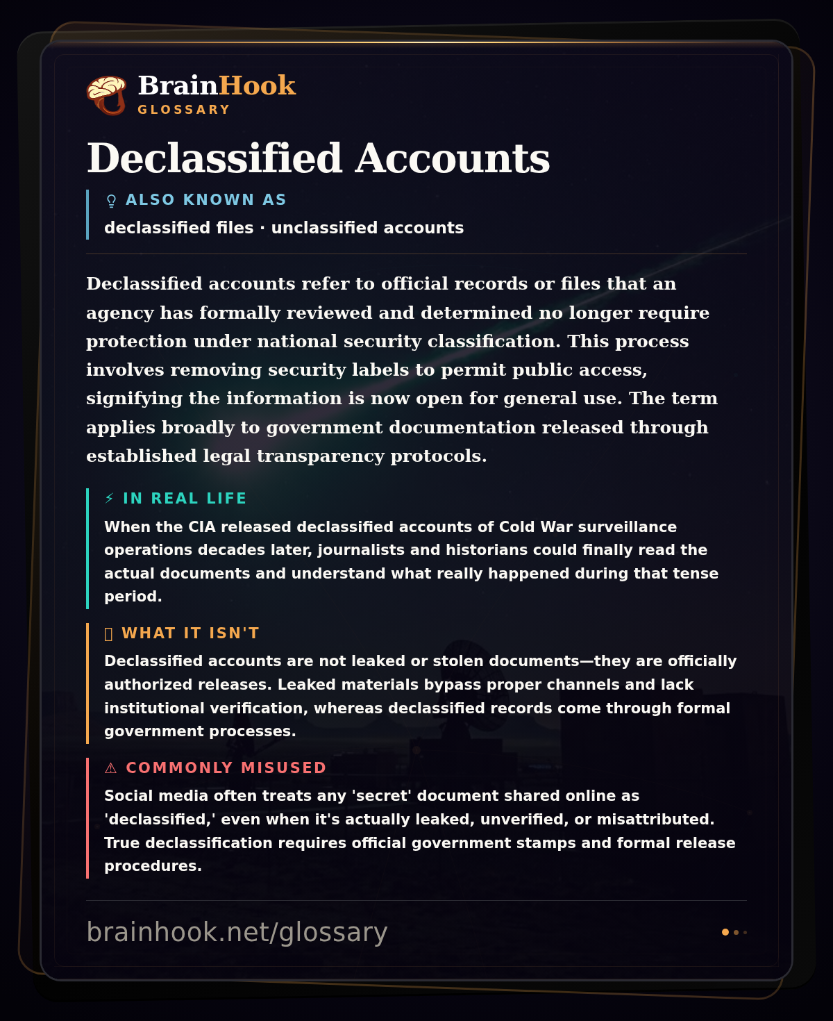 Declassified Accounts — BrainHook Glossary card