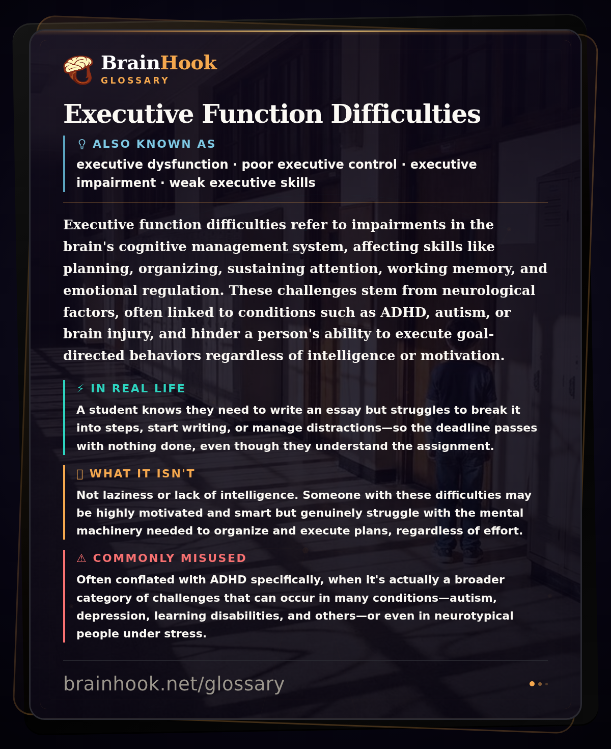 Executive Function Difficulties — BrainHook Glossary card