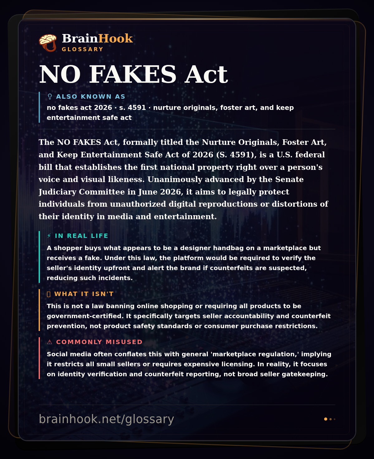 NO FAKES Act — BrainHook Glossary card