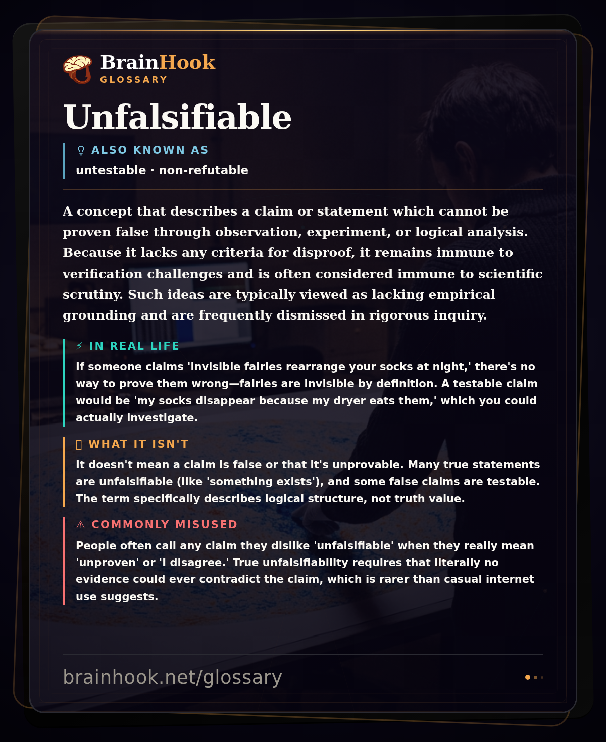 Unfalsifiable — BrainHook Glossary card